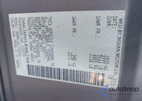 2015 Nissan Altima 2.5/2.5 S/2.5 Sl/2.5 Sv из США, поврежденный, VIN 1N4AL3APXFN896298